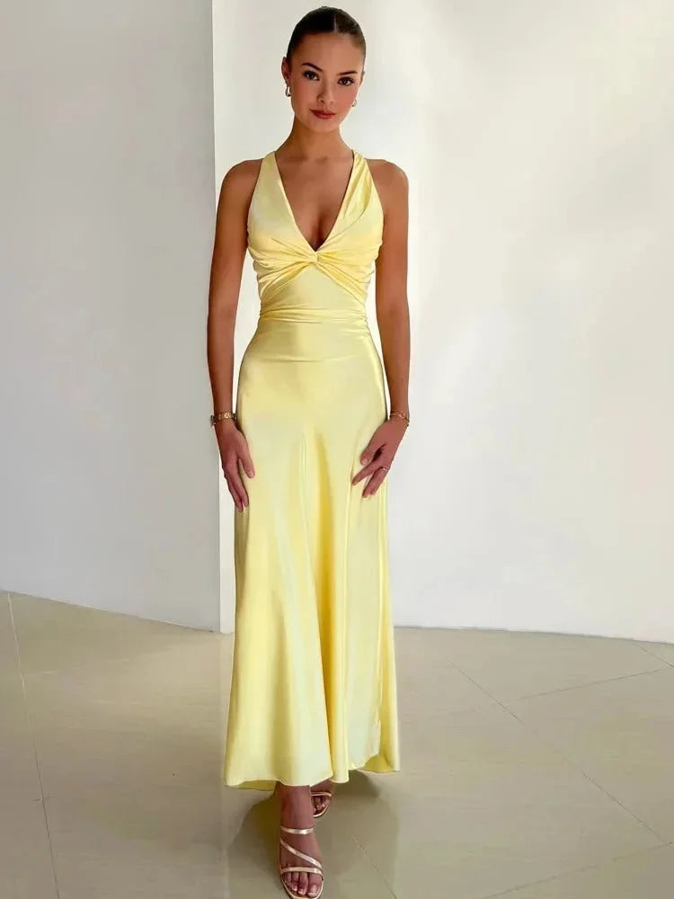 Camille | Women’s Satin Yellow Ruched Formal Maxi Dress