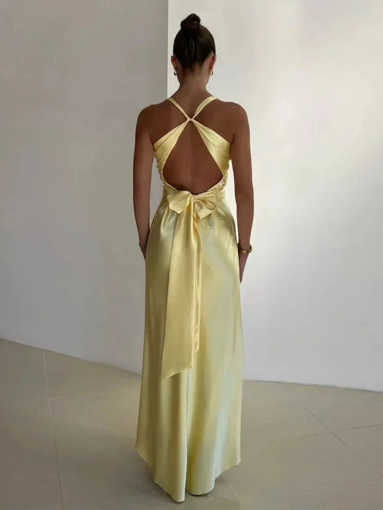 Camille | Women’s Satin Yellow Ruched Formal Maxi Dress