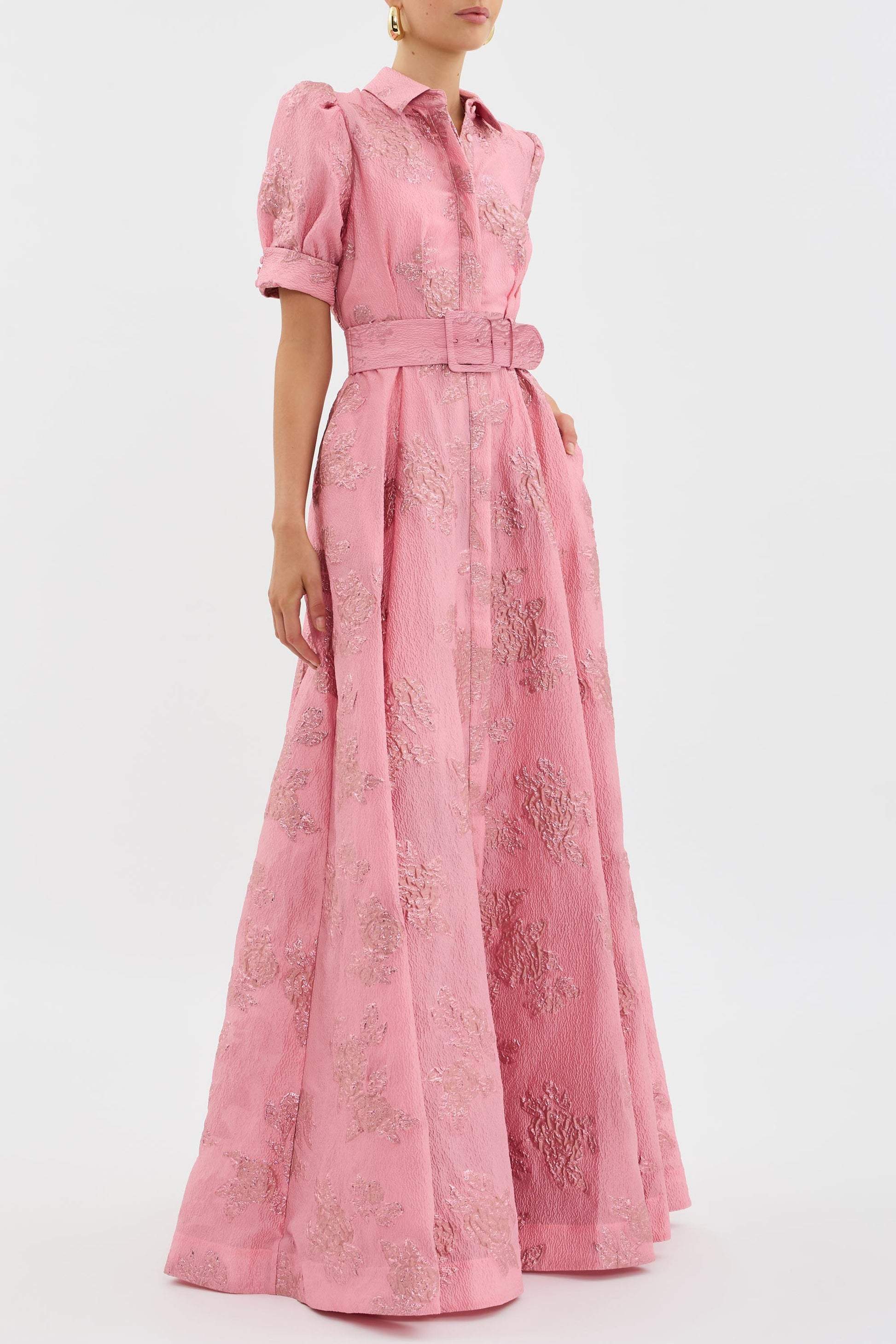 Ada | Women’s Tailored Waist Puff‑Sleeve Maxi Dress with Floral Accent