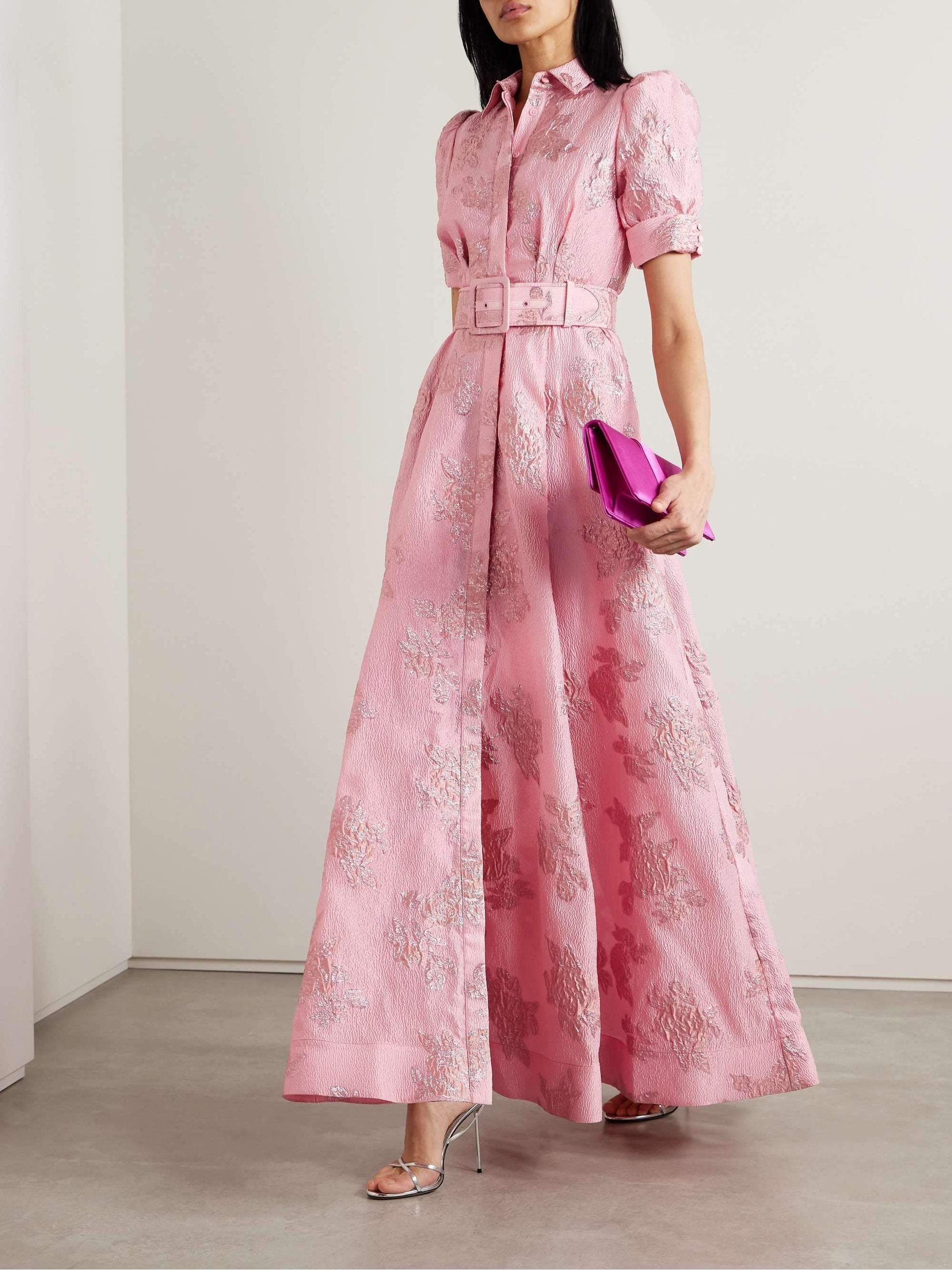 Ada | Women’s Tailored Waist Puff‑Sleeve Maxi Dress with Floral Accent