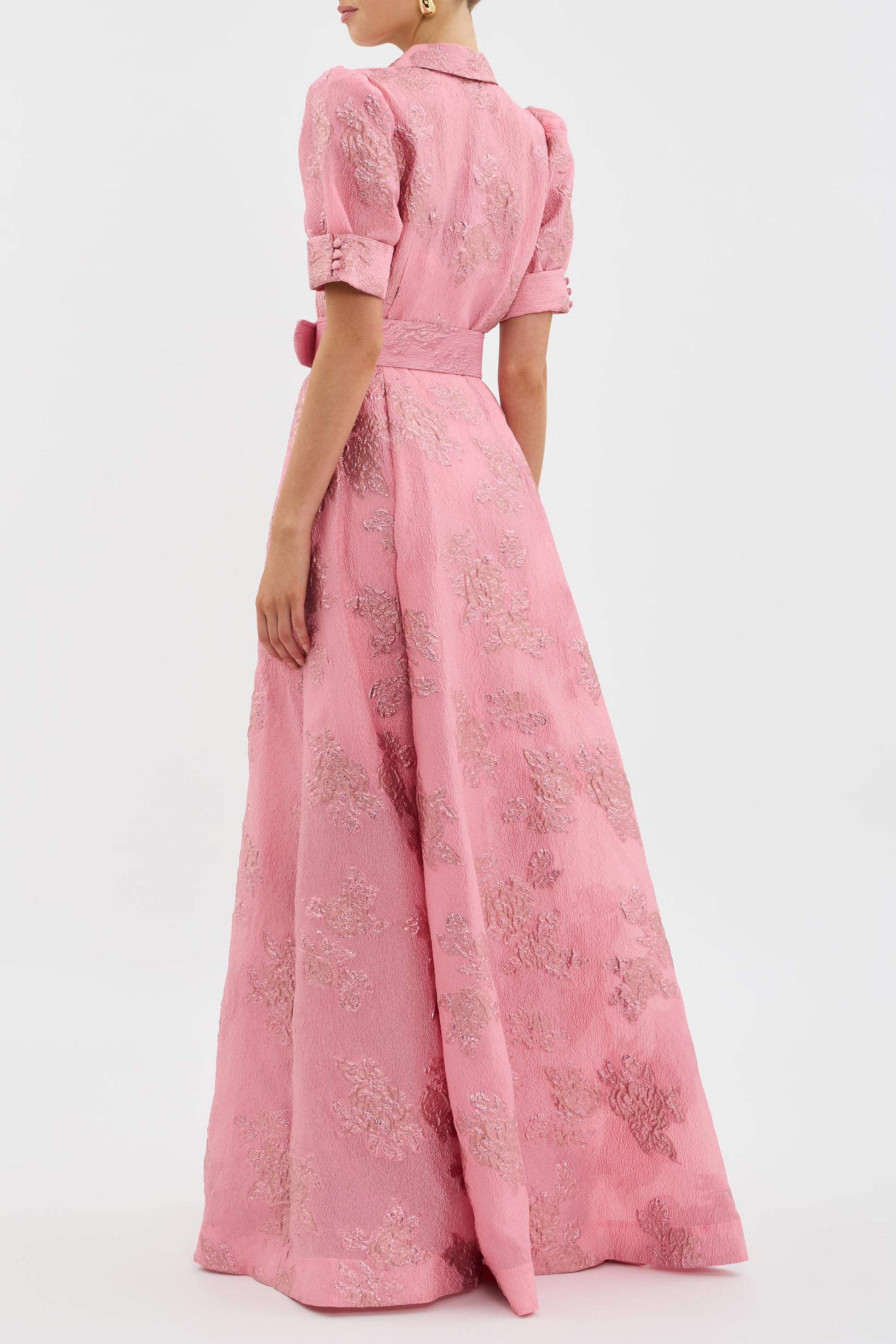 Ada | Women’s Tailored Waist Puff‑Sleeve Maxi Dress with Floral Accent