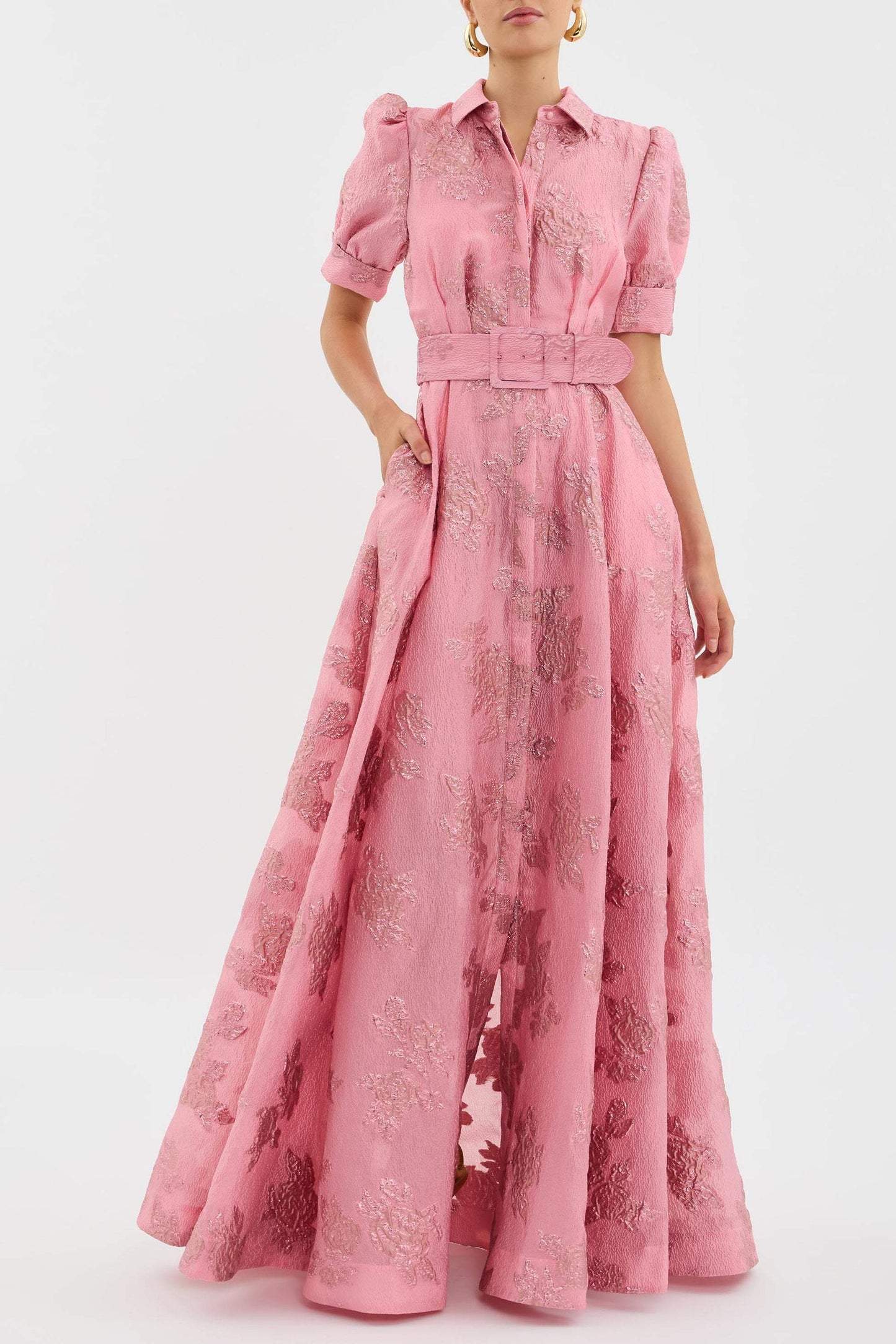 Ada | Women’s Tailored Waist Puff‑Sleeve Maxi Dress with Floral Accent