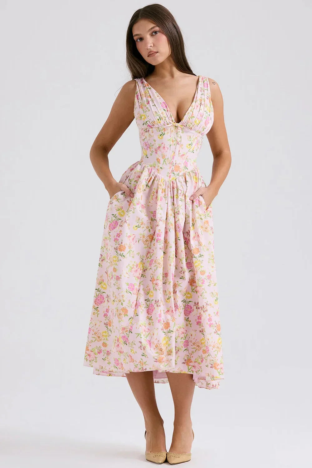 Diana | Women’s Floral Midi Dress with V-Neckline