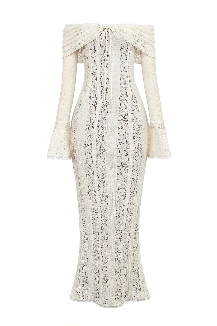 Naomi | Women’s Bell-Sleeve Ivory Lace Off-Shoulder Maxi Dress