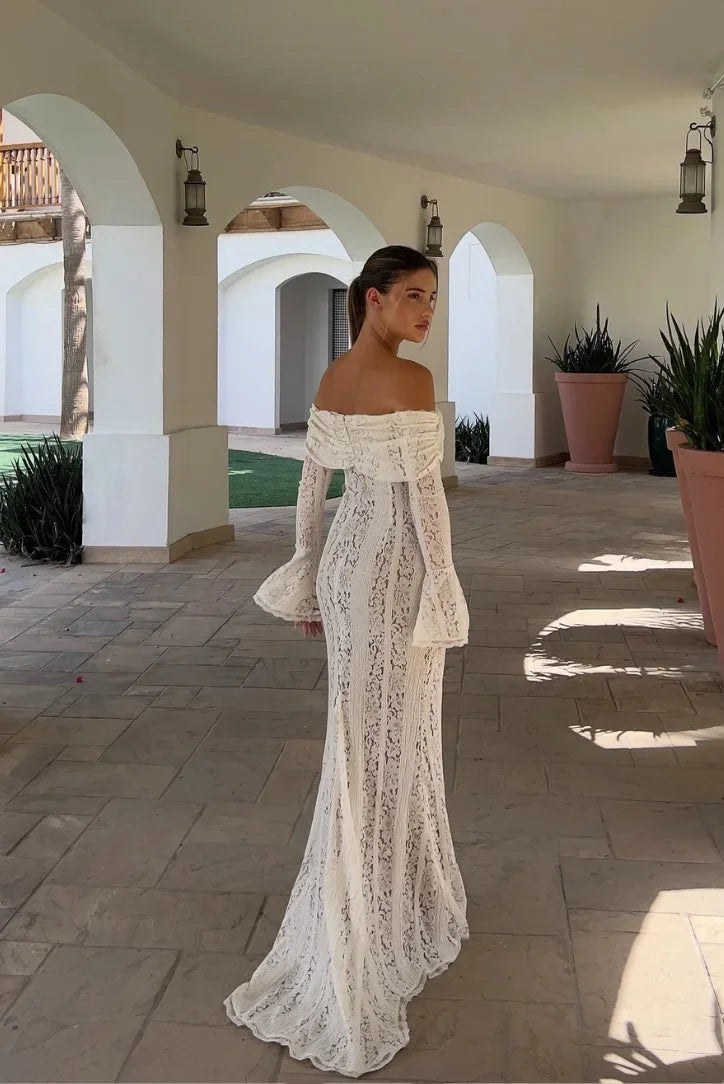 Naomi | Women’s Bell-Sleeve Ivory Lace Off-Shoulder Maxi Dress