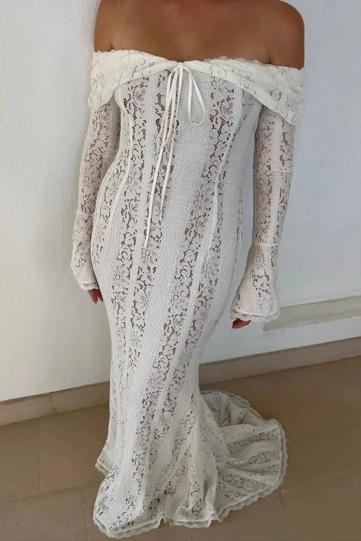 Naomi | Women’s Bell-Sleeve Ivory Lace Off-Shoulder Maxi Dress
