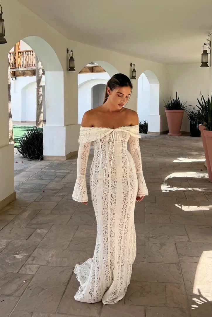 Naomi | Women’s Bell-Sleeve Ivory Lace Off-Shoulder Maxi Dress