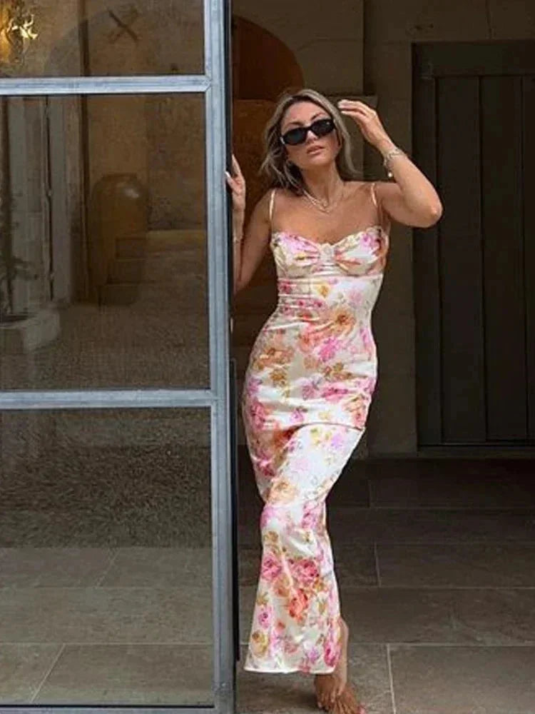 Sasha | Women’s White Floral Satin Maxi Dress