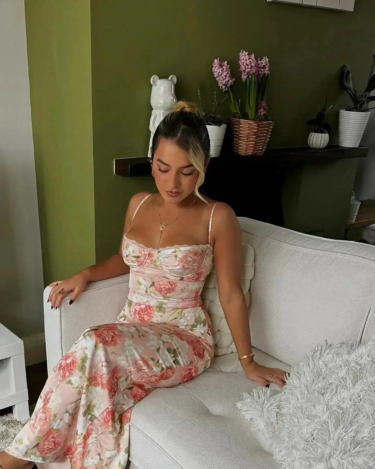 Sasha | Women’s White Floral Satin Maxi Dress