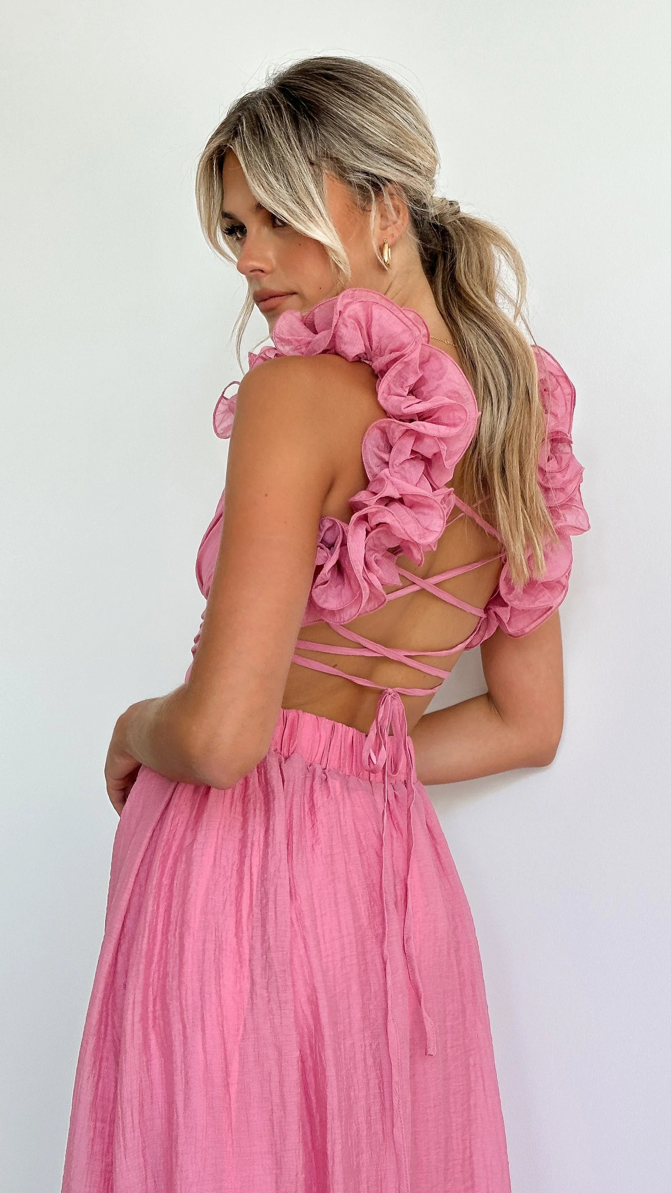 Shaina | Women’s Pink Midi Dress with Twisted Bust and Ruffles