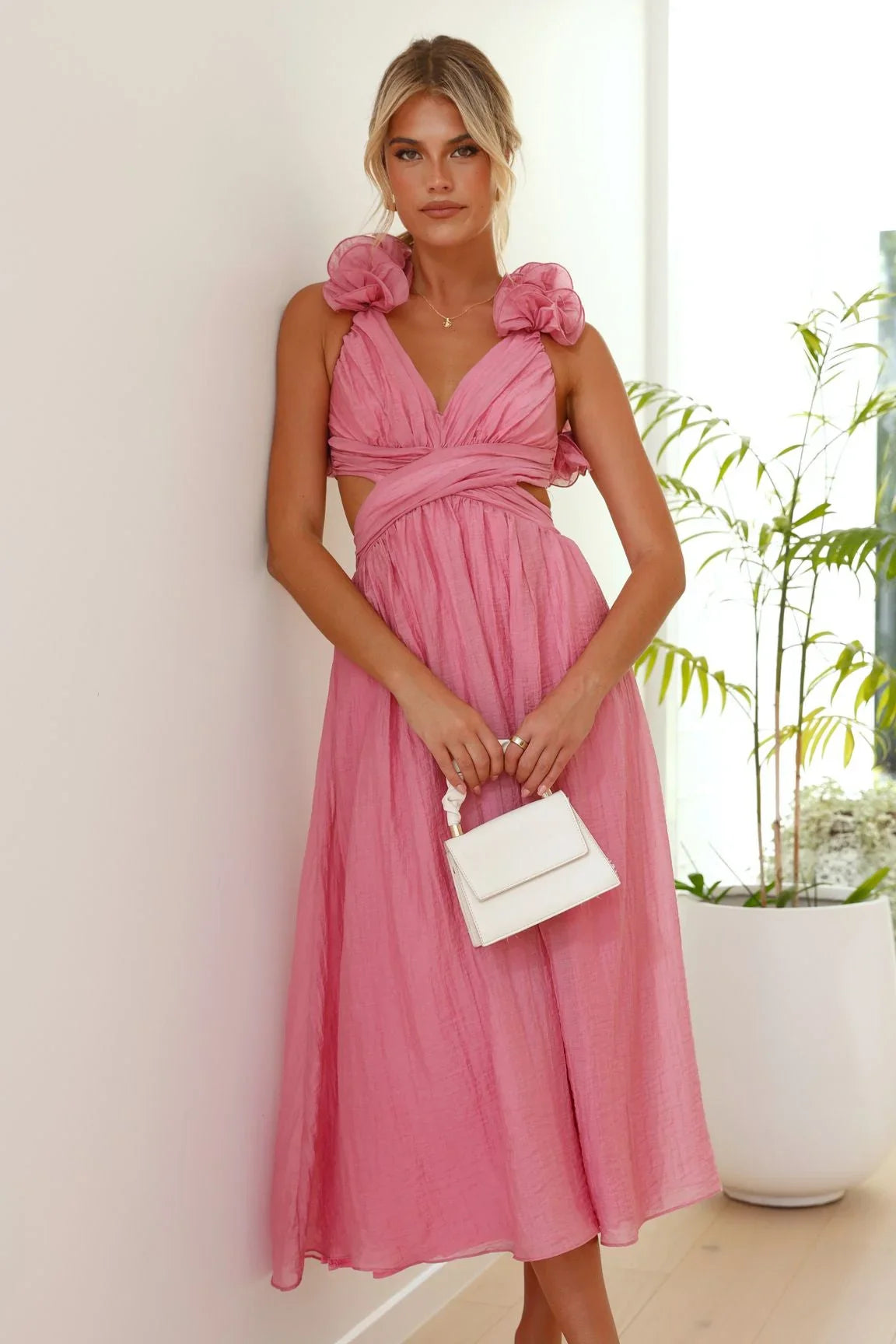 Shaina | Women’s Pink Midi Dress with Twisted Bust and Ruffles