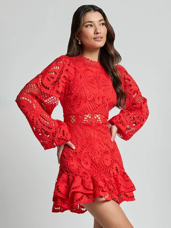 Aurora | Women’s Long Sleeve Ruffled Lace Mini Dress