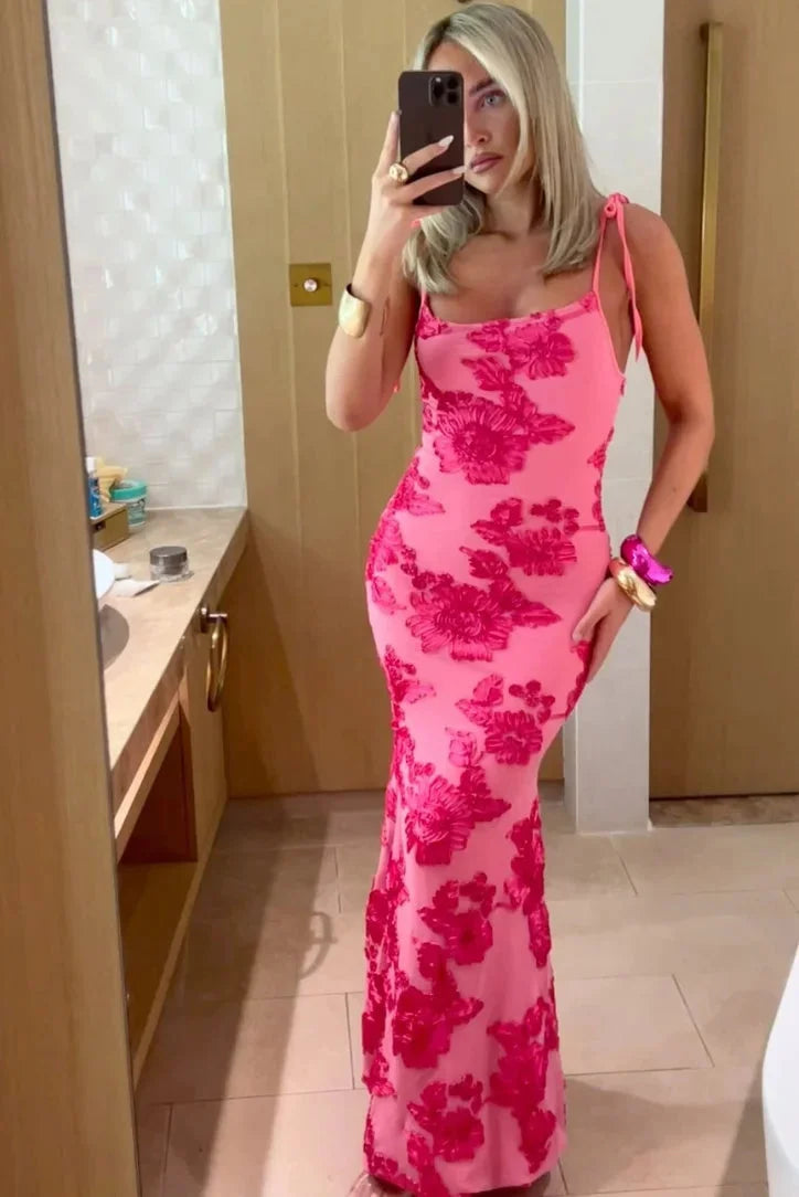 Maisie | Women’s Pink Floral Maxi Dress with Elegant Shoulder Ties
