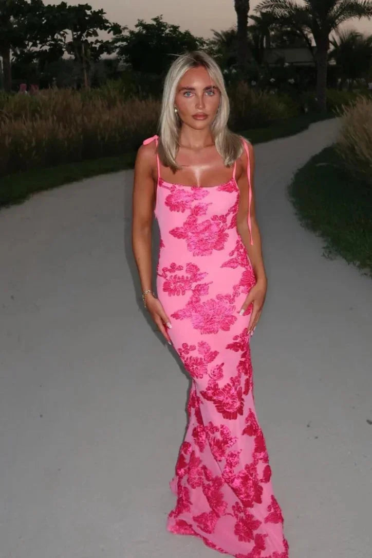 Maisie | Women’s Pink Floral Maxi Dress with Elegant Shoulder Ties