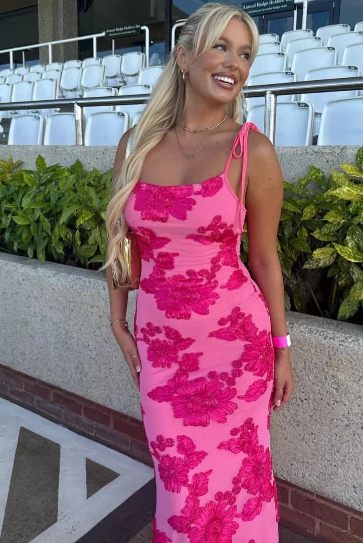 Maisie | Women’s Pink Floral Maxi Dress with Elegant Shoulder Ties