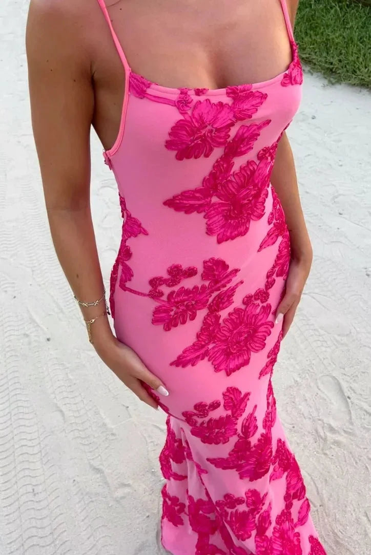 Maisie | Women’s Pink Floral Maxi Dress with Elegant Shoulder Ties