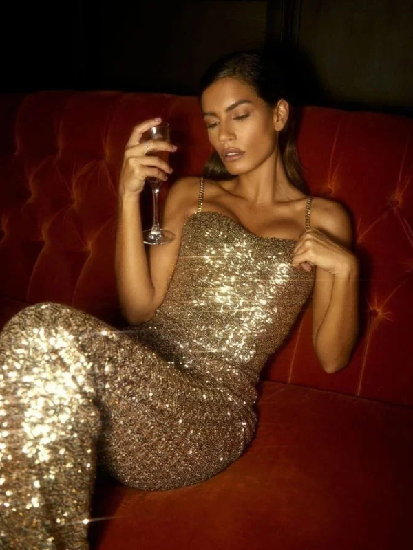Camila | Women’s Strapless Glitter Jumpsuit with Waist Belt