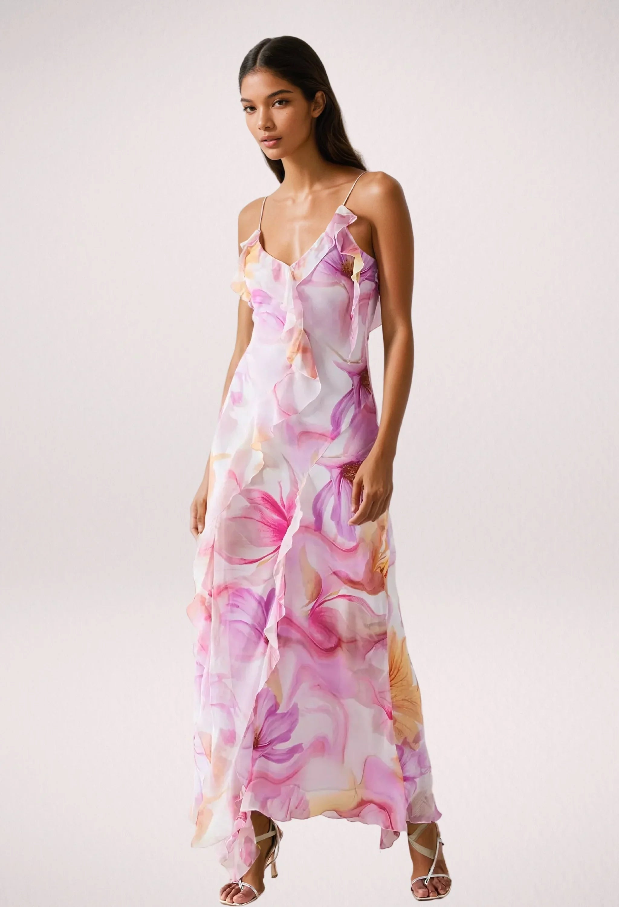 Alora | Women’s Sleeveless Ruffle Trim Floral Maxi Dress