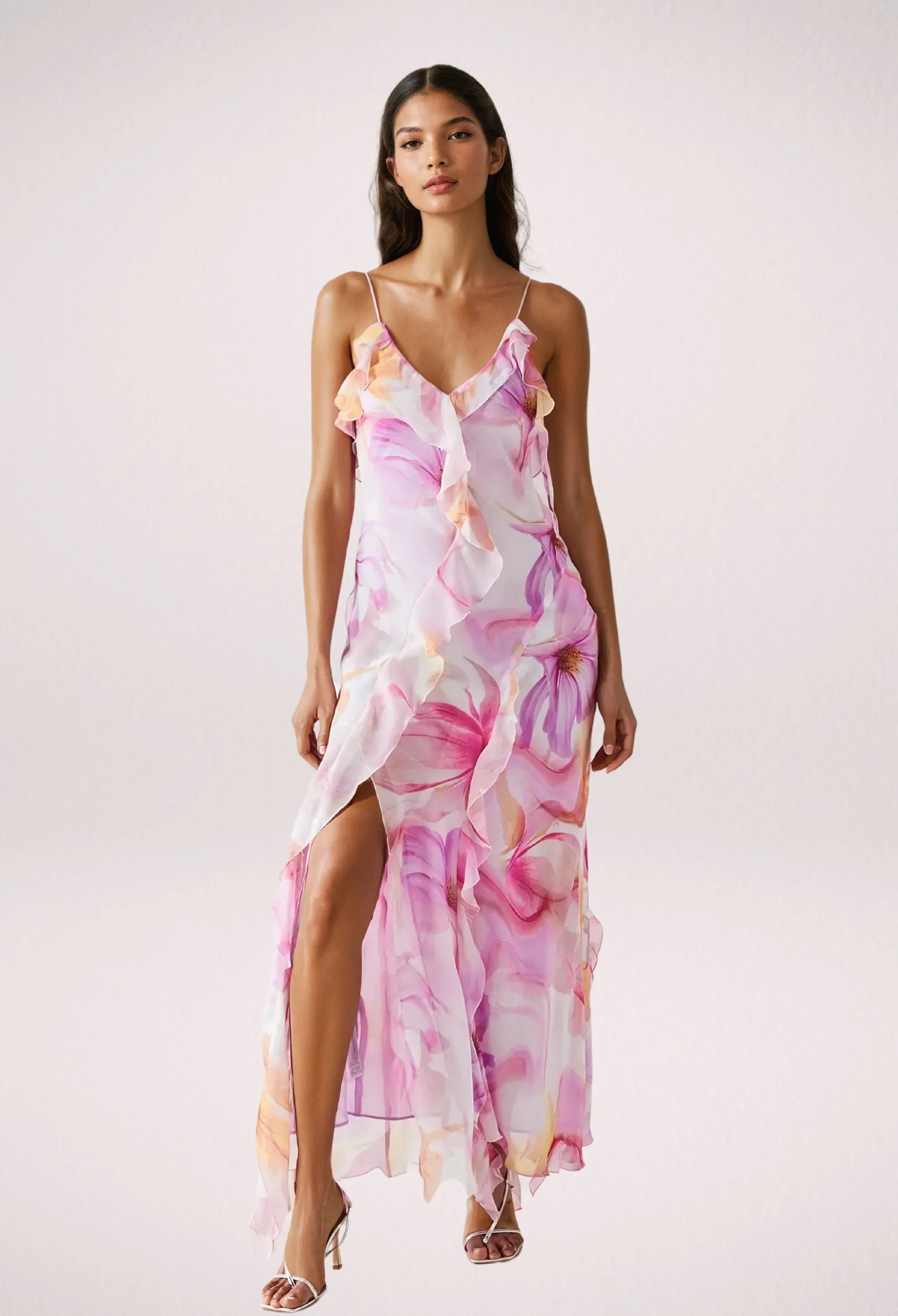 Alora | Women’s Sleeveless Ruffle Trim Floral Maxi Dress