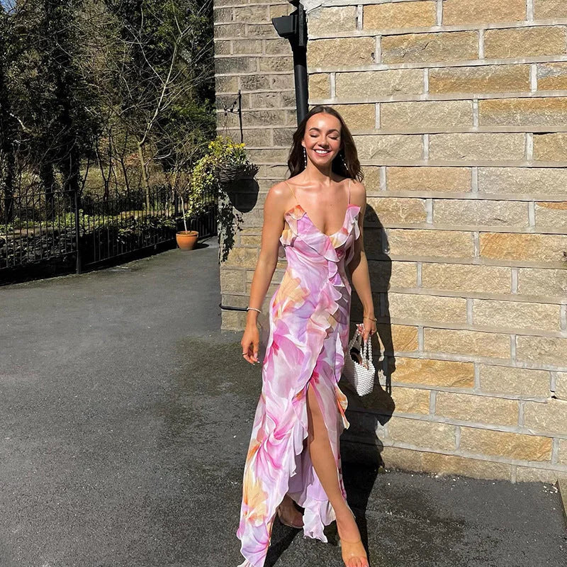 Alora | Women’s Sleeveless Ruffle Trim Floral Maxi Dress