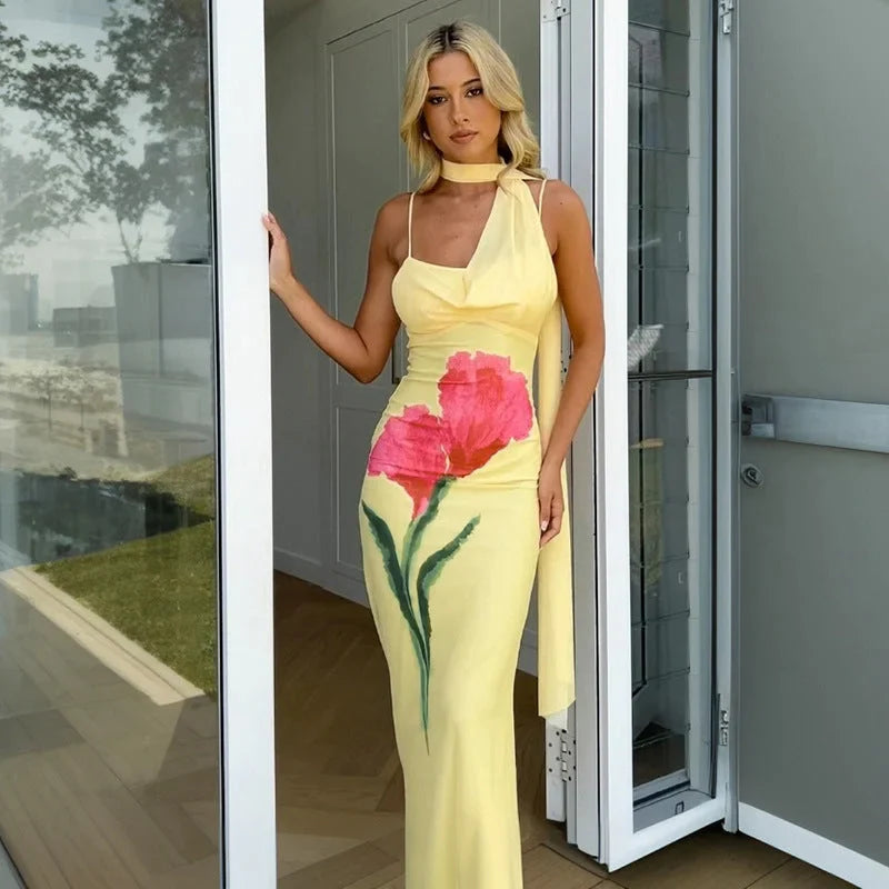 Yllana | Women’s Yellow Floral Maxi Dress with Halter Neck