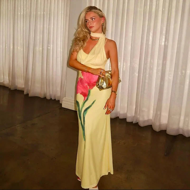 Yllana | Women’s Yellow Floral Maxi Dress with Halter Neck