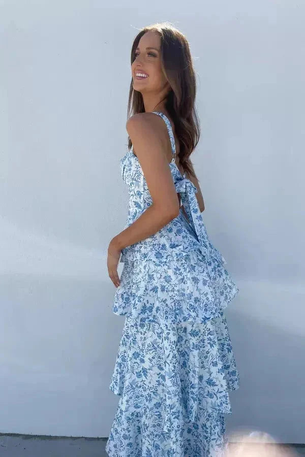 Frances | Women’s Tiered Floral Maxi Dress with Bow Back and Shoulder Straps