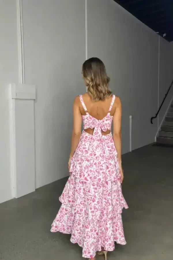 Frances | Women’s Tiered Floral Maxi Dress with Bow Back and Shoulder Straps