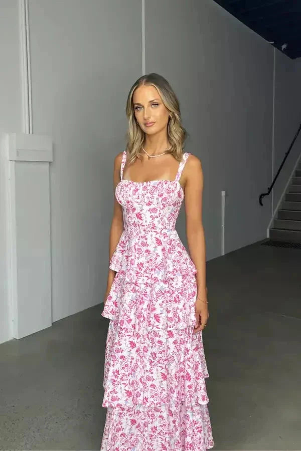 Frances | Women’s Tiered Floral Maxi Dress with Bow Back and Shoulder Straps