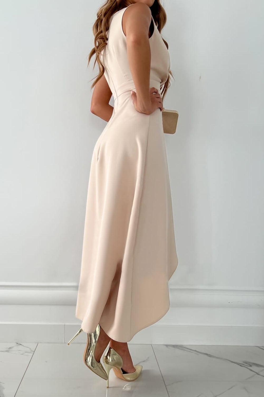 Ivy | Women’s Elegant V‑Neck Midi Dress with Frill Details & High‑Low Hem