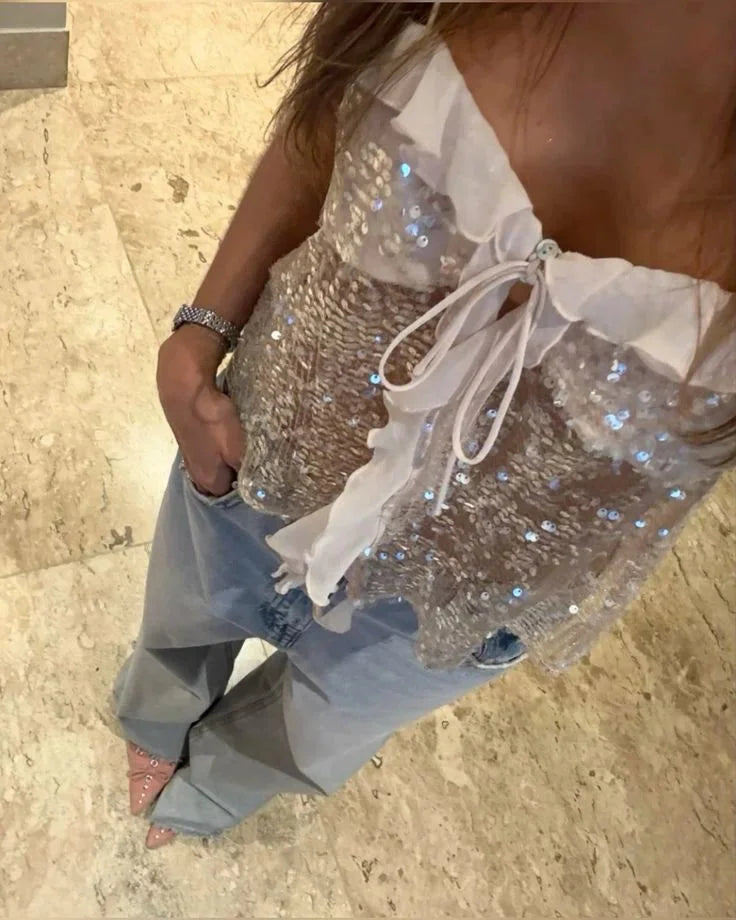 Catherine | Women’s Sequin Top with Sheer Ruffle Detail