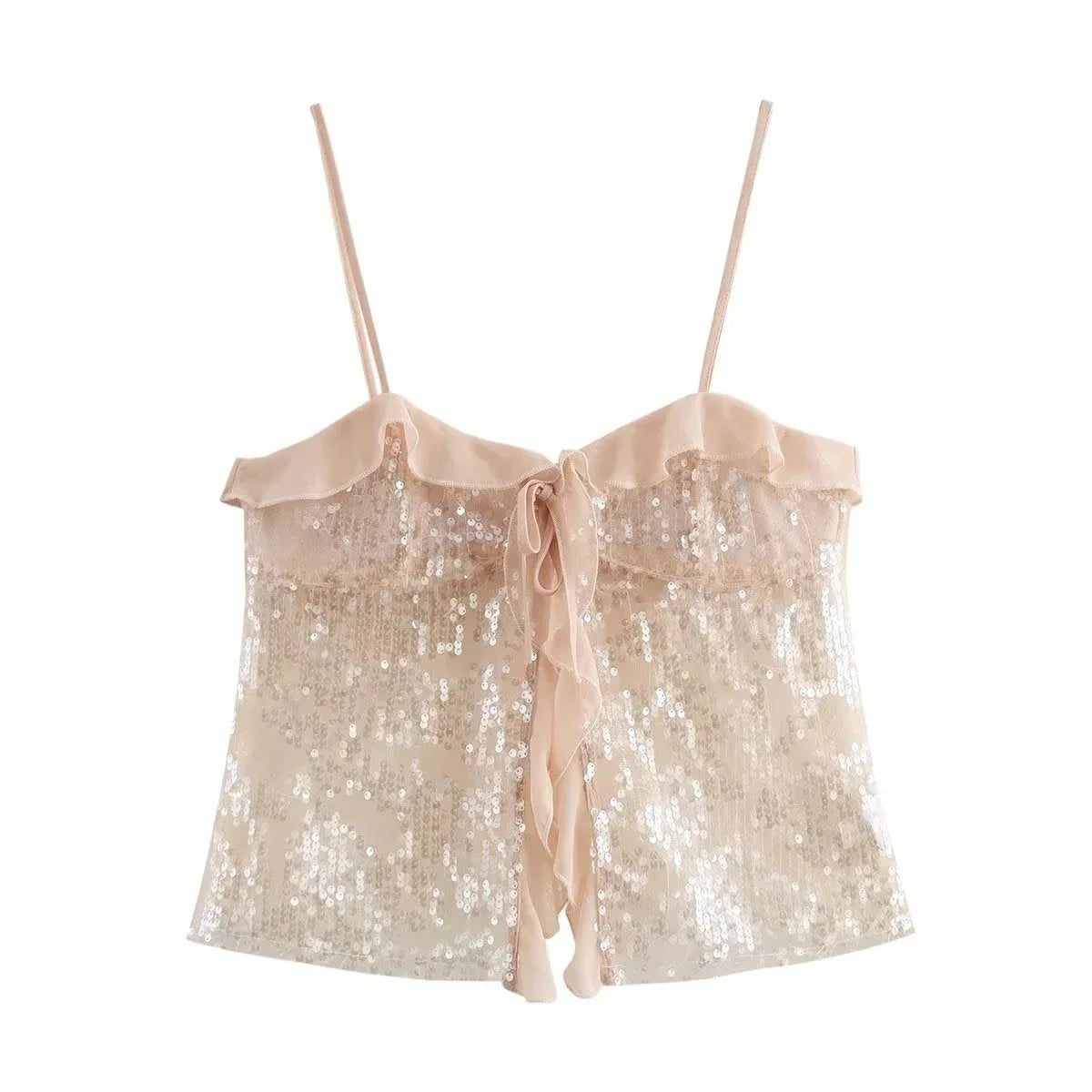 Catherine | Women’s Sequin Top with Sheer Ruffle Detail